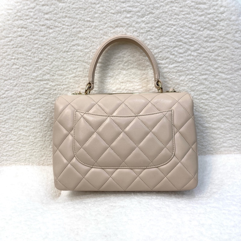 Chanel香奈兒奶茶色羊皮TrendyCC手提側背包三層翻蓋淡金釦經典菱格A92236-7