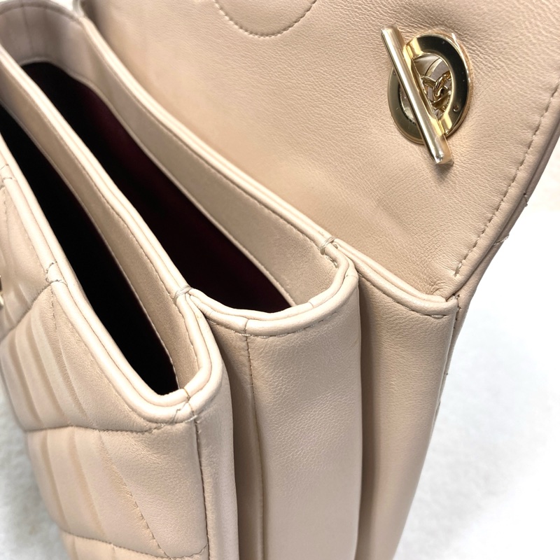 Chanel香奈兒奶茶色羊皮TrendyCC手提側背包三層翻蓋淡金釦經典菱格A92236-16