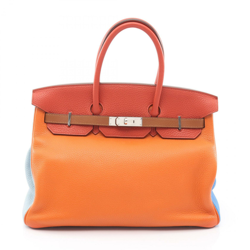 HERMES Birkin 35 Arlequin 手提包 P Taurillon Clemence 橙色 Etain Sanguine SHW-0