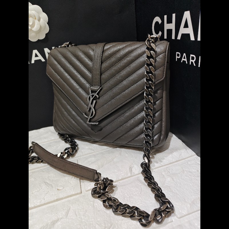 【YSL】 聖羅蘭經典郵差包/鏈條包/象灰-4