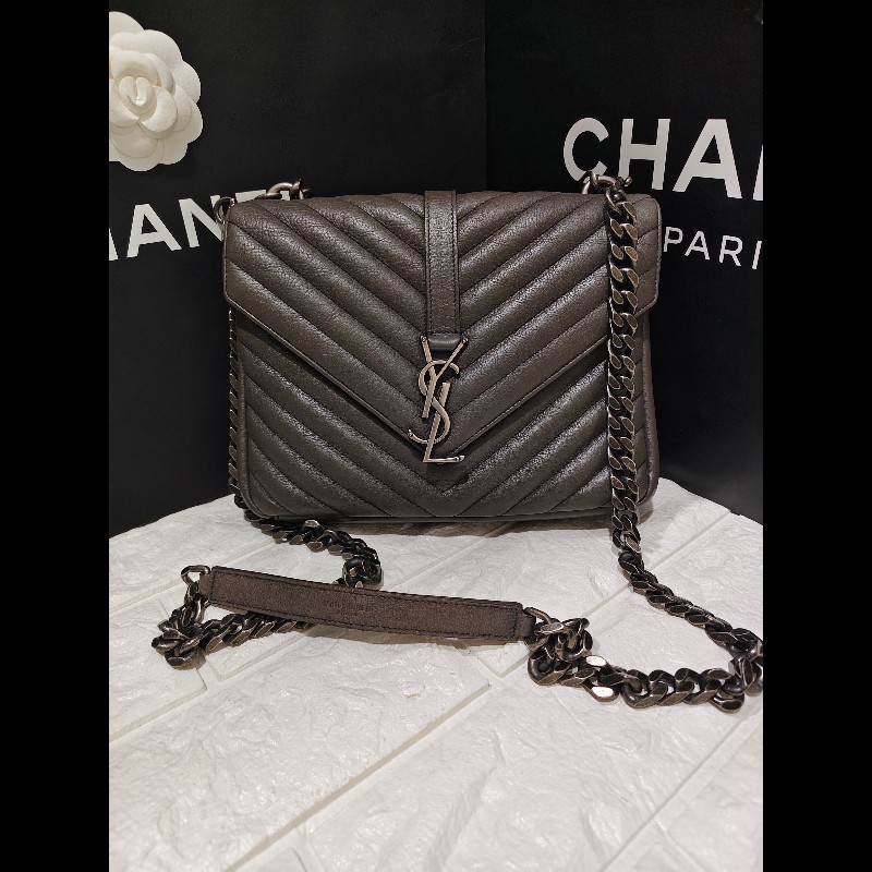 【YSL】 聖羅蘭經典郵差包/鏈條包/象灰-5