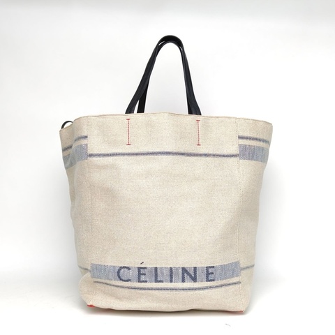 CELINE 米色亞麻銀扣cabas沙灘包手提包