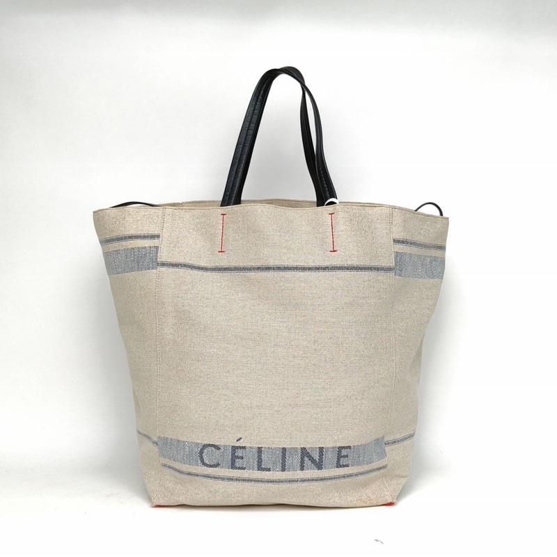 CELINE 米色亞麻銀扣cabas沙灘包手提包-2