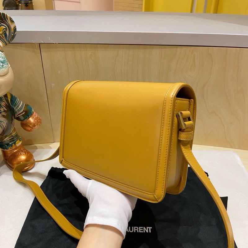 98新聖羅蘭Solferino中號Box豆腐包 姜黃色，牛皮搭配金扣，-3