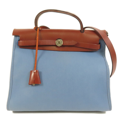 HERMES 帆布HerBag PM銀扣手挽肩背兩用袋Blue Agate