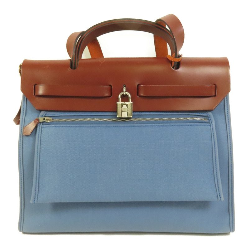 HERMES 帆布HerBag PM銀扣手挽肩背兩用袋Blue Agate-1