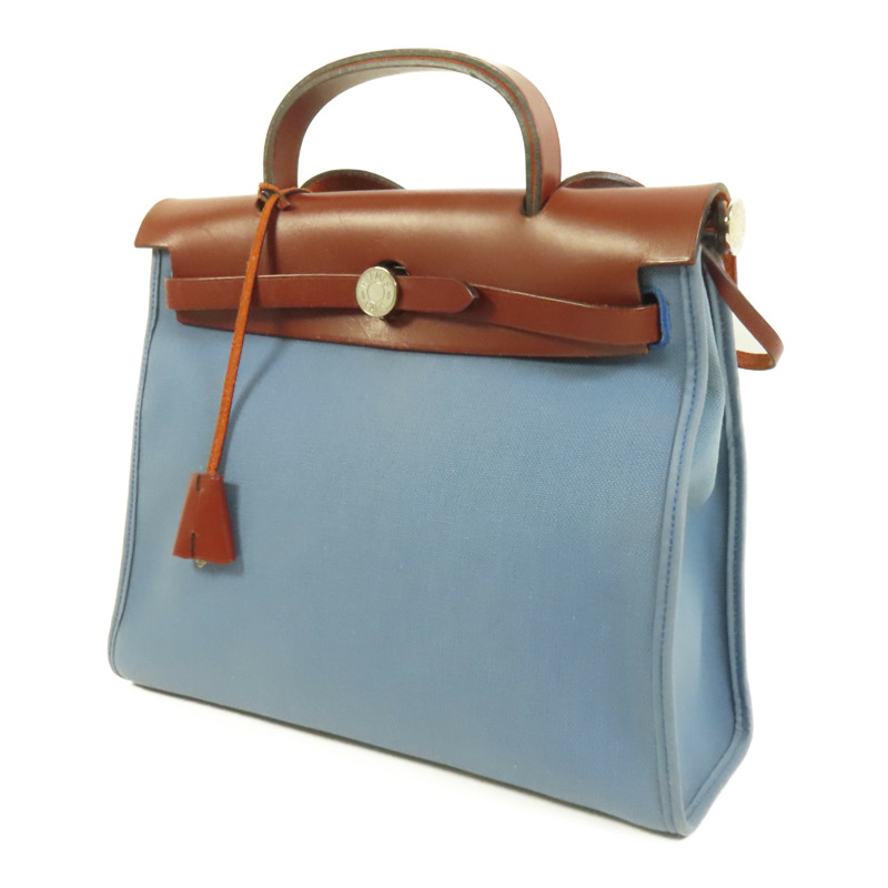 HERMES 帆布HerBag PM銀扣手挽肩背兩用袋Blue Agate-2