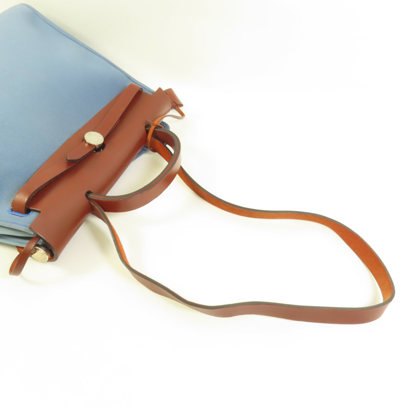 HERMES 帆布HerBag PM銀扣手挽肩背兩用袋Blue Agate-5
