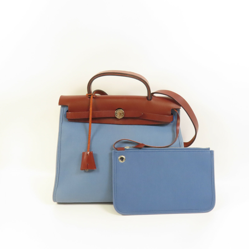 HERMES 帆布HerBag PM銀扣手挽肩背兩用袋Blue Agate-12