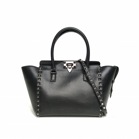 VALENTINO 鉚釘手提托特單肩包小號黑色牛皮鎢鋼扣