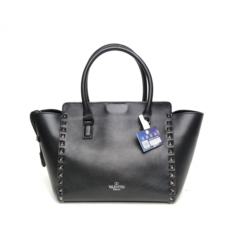 VALENTINO 鉚釘手提托特單肩包小號黑色牛皮鎢鋼扣-2