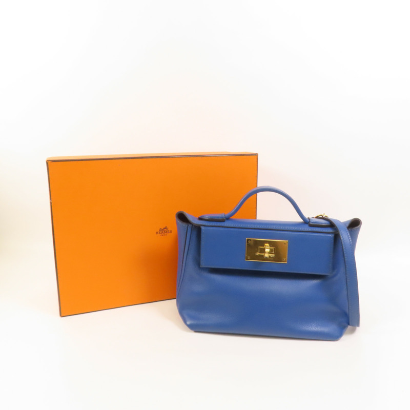 HERMES Evercolor皮革24/24 Mini金扣手挽肩背兩用袋Bleu France-10