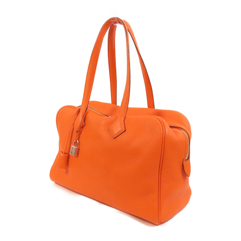 HERMES Evercolor皮革Victoria 35銀扣手挽袋Orange-2