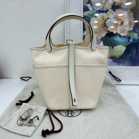 Hermes 愛馬仕 picotin Cargo 18 白色帆布皮菜籃 U刻