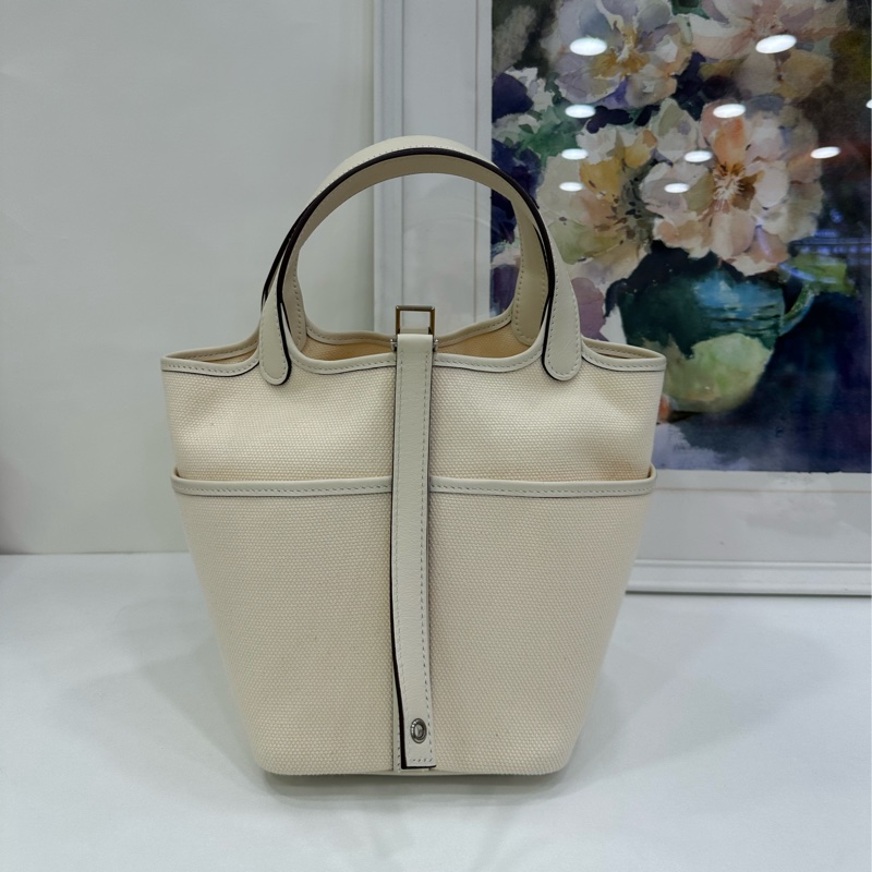 Hermes 愛馬仕 picotin Cargo 18 白色帆布皮菜籃 U刻-1
