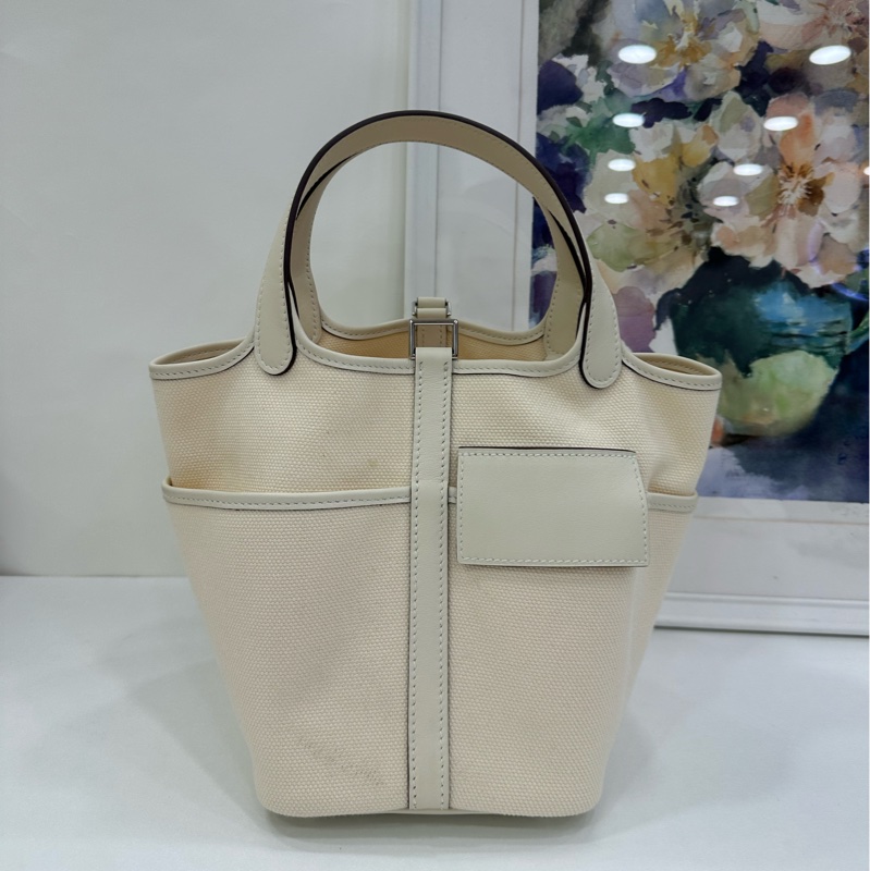 Hermes 愛馬仕 picotin Cargo 18 白色帆布皮菜籃 U刻-2