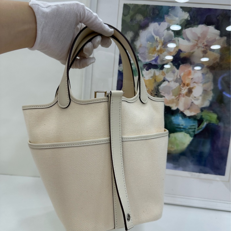 Hermes 愛馬仕 picotin Cargo 18 白色帆布皮菜籃 U刻-5
