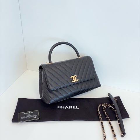 【99新🆕】Chanel cocohandle 黑金荔枝牛皮 蜥蜴手柄 V紋 中號手提包 斜挎包 單肩包