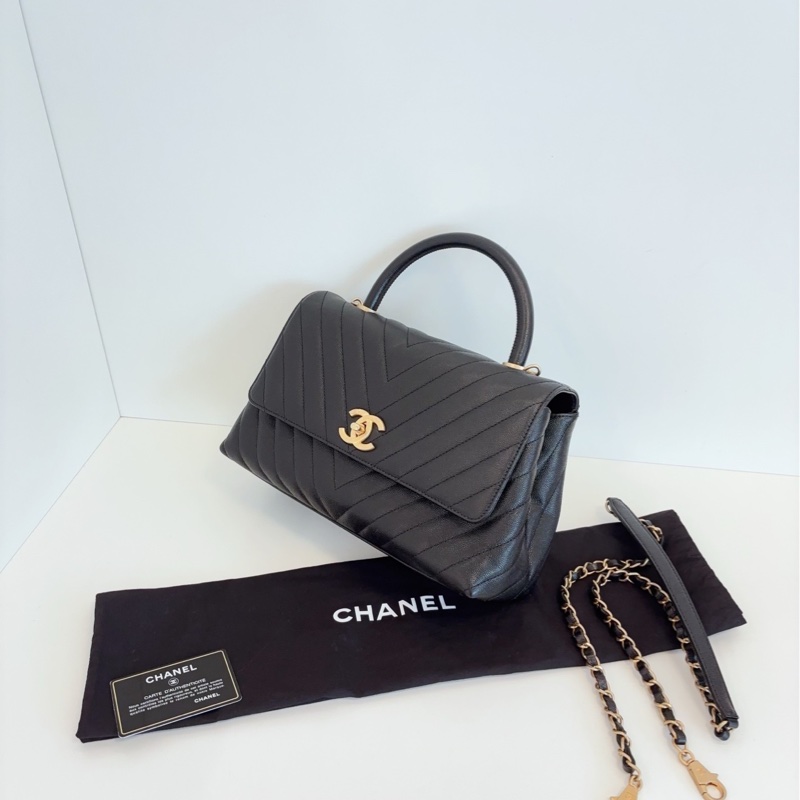 【99新🆕】Chanel cocohandle 黑金荔枝牛皮 蜥蜴手柄 V紋 中號手提包 斜挎包 單肩包-1