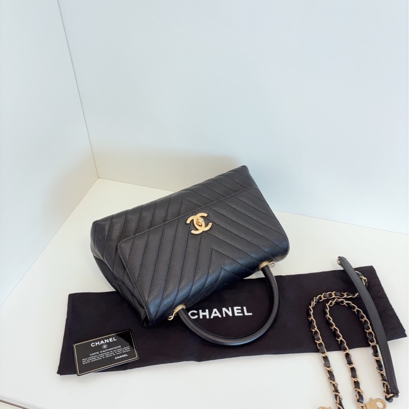 【99新🆕】Chanel cocohandle 黑金荔枝牛皮 蜥蜴手柄 V紋 中號手提包 斜挎包 單肩包-2