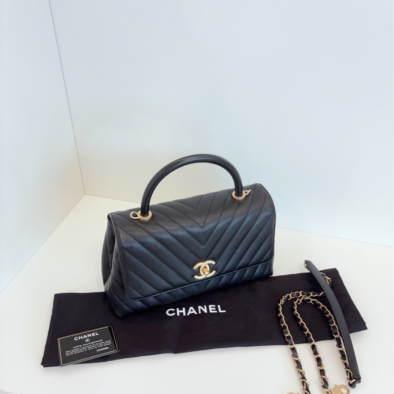 【99新🆕】Chanel cocohandle 黑金荔枝牛皮 蜥蜴手柄 V紋 中號手提包 斜挎包 單肩包-5