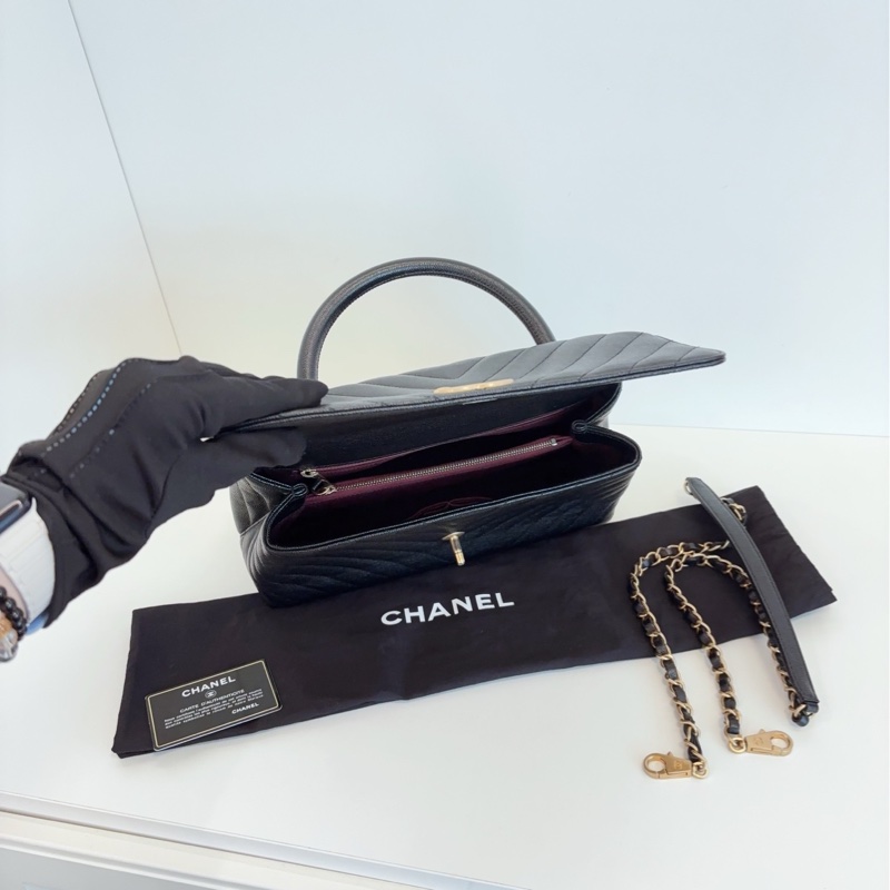 【99新🆕】Chanel cocohandle 黑金荔枝牛皮 蜥蜴手柄 V紋 中號手提包 斜挎包 單肩包-6