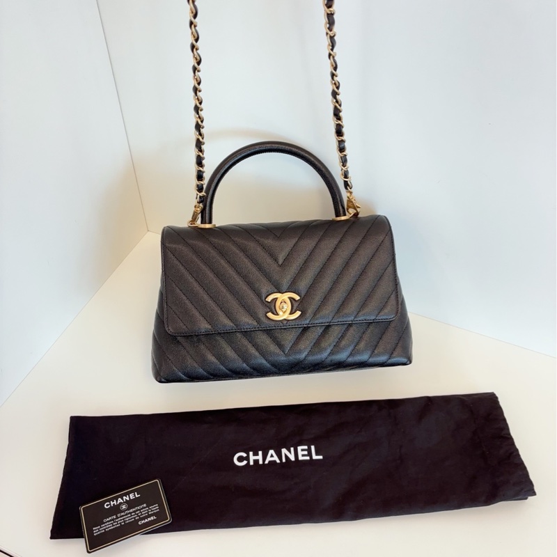 【99新🆕】Chanel cocohandle 黑金荔枝牛皮 蜥蜴手柄 V紋 中號手提包 斜挎包 單肩包-7