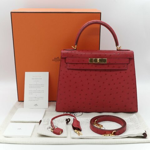 （近新♥️閒置品）Hermès 愛馬仕 Kelly 28 紅色 鴕鳥皮 X 刻 金扣 手提包 斜背兩用包