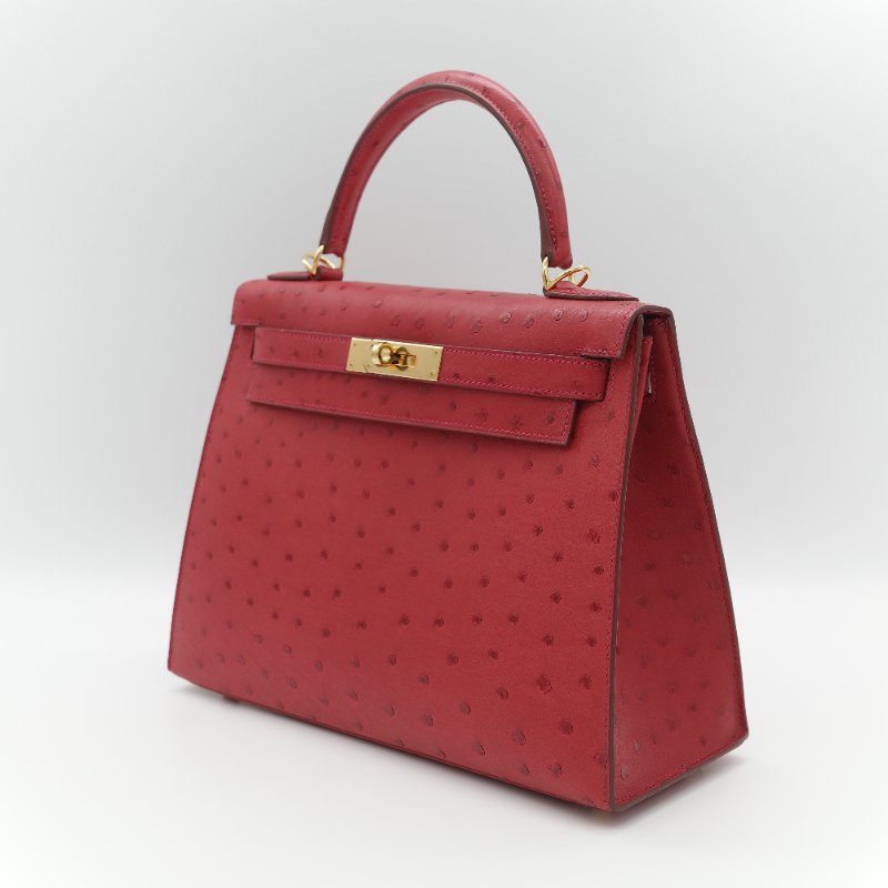 （近新♥️閒置品）Hermès 愛馬仕 Kelly 28 紅色 鴕鳥皮 X 刻 金扣 手提包 斜背兩用包-3