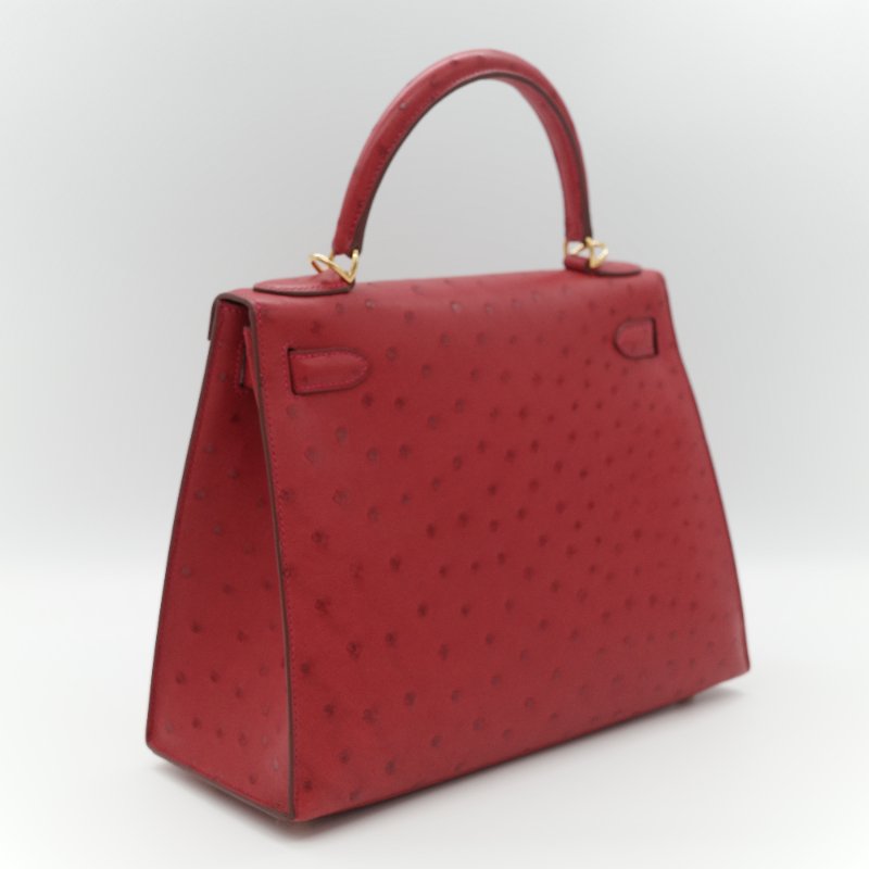 （近新♥️閒置品）Hermès 愛馬仕 Kelly 28 紅色 鴕鳥皮 X 刻 金扣 手提包 斜背兩用包-5