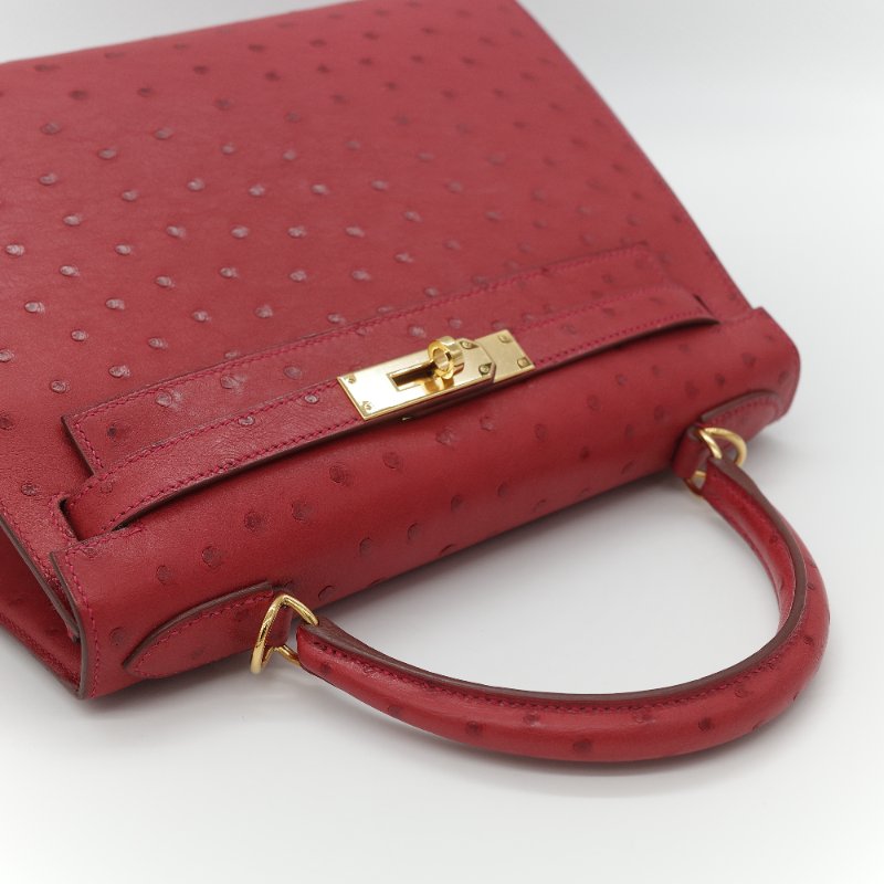（近新♥️閒置品）Hermès 愛馬仕 Kelly 28 紅色 鴕鳥皮 X 刻 金扣 手提包 斜背兩用包-8