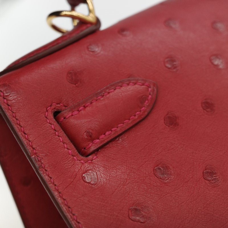 （近新♥️閒置品）Hermès 愛馬仕 Kelly 28 紅色 鴕鳥皮 X 刻 金扣 手提包 斜背兩用包-12