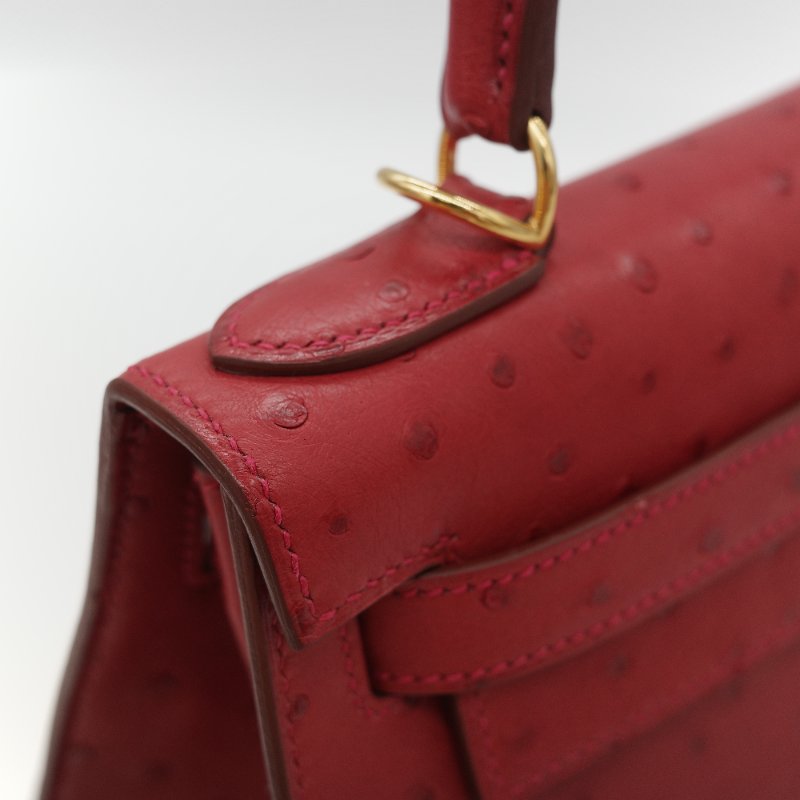 （近新♥️閒置品）Hermès 愛馬仕 Kelly 28 紅色 鴕鳥皮 X 刻 金扣 手提包 斜背兩用包-13