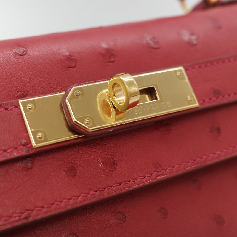 （近新♥️閒置品）Hermès 愛馬仕 Kelly 28 紅色 鴕鳥皮 X 刻 金扣 手提包 斜背兩用包-16