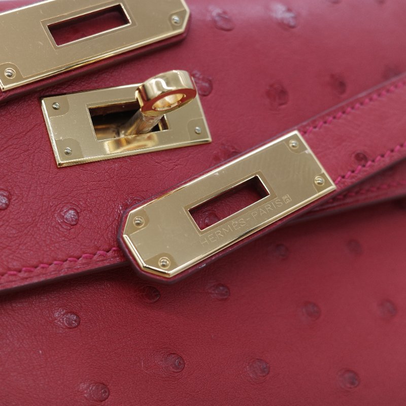 （近新♥️閒置品）Hermès 愛馬仕 Kelly 28 紅色 鴕鳥皮 X 刻 金扣 手提包 斜背兩用包-17