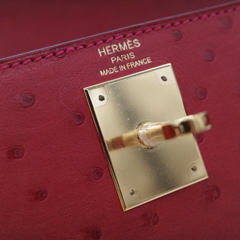 （近新♥️閒置品）Hermès 愛馬仕 Kelly 28 紅色 鴕鳥皮 X 刻 金扣 手提包 斜背兩用包-20