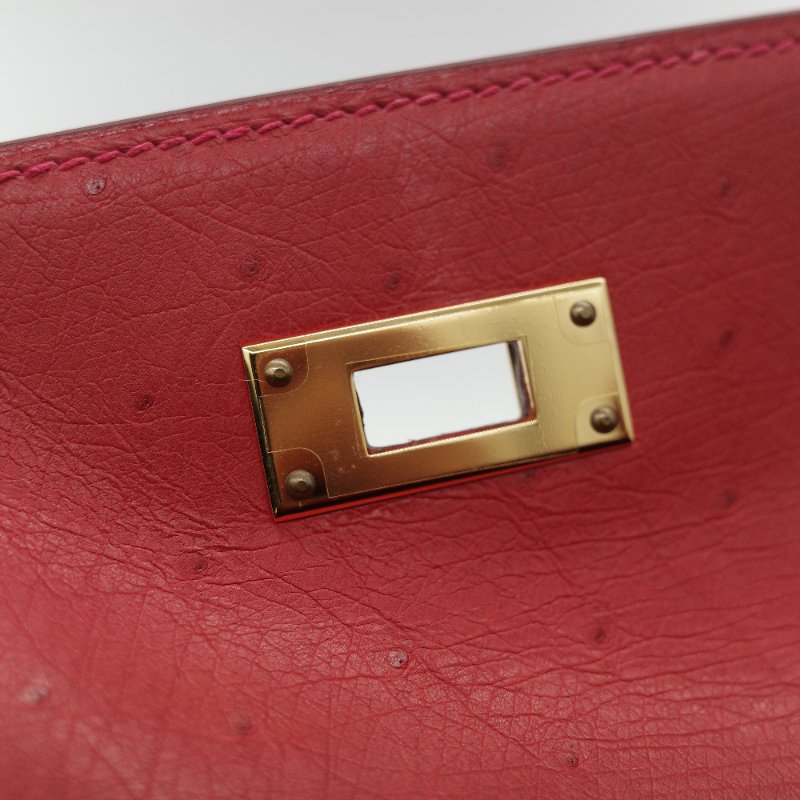（近新♥️閒置品）Hermès 愛馬仕 Kelly 28 紅色 鴕鳥皮 X 刻 金扣 手提包 斜背兩用包-21