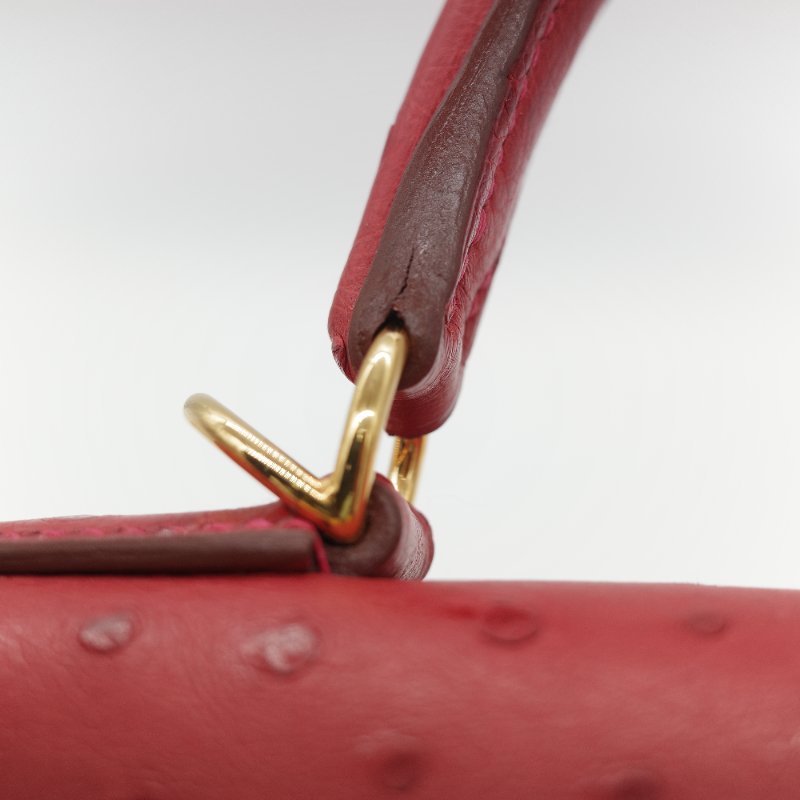 （近新♥️閒置品）Hermès 愛馬仕 Kelly 28 紅色 鴕鳥皮 X 刻 金扣 手提包 斜背兩用包-22