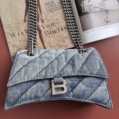 ::BALENCIAGA:: 716351 小款沙漏包絎縫水洗單寧牛仔鏈條包 Crush Small Quilted Denim Shoulder Bag