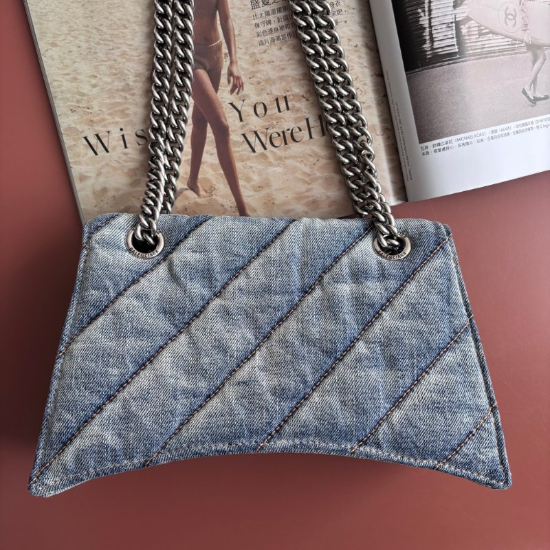 ::BALENCIAGA:: 716351 小款沙漏包絎縫水洗單寧牛仔鏈條包 Crush Small Quilted Denim Shoulder Bag-1