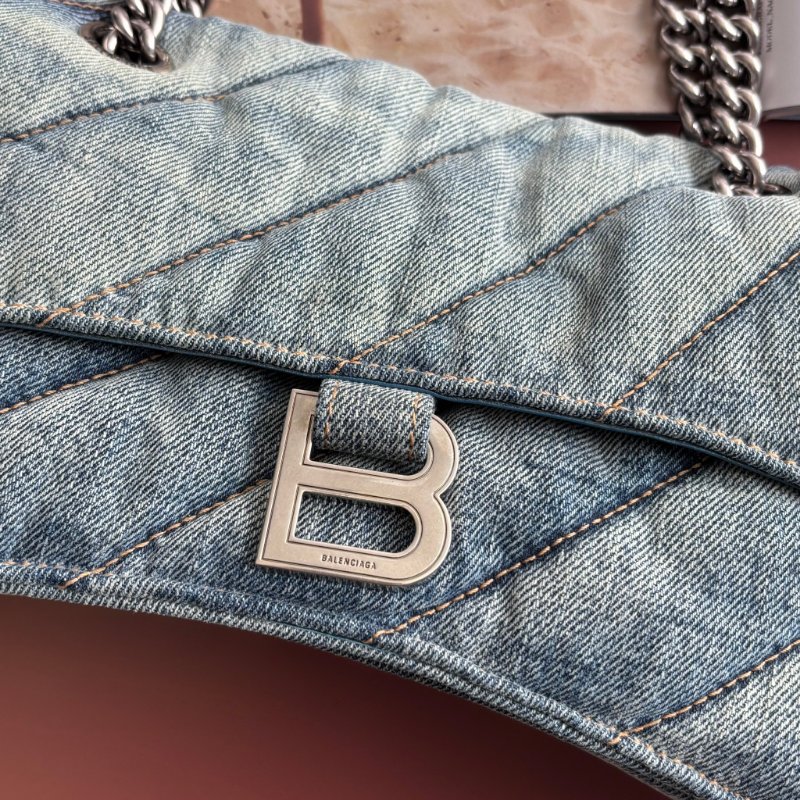 ::BALENCIAGA:: 716351 小款沙漏包絎縫水洗單寧牛仔鏈條包 Crush Small Quilted Denim Shoulder Bag-2