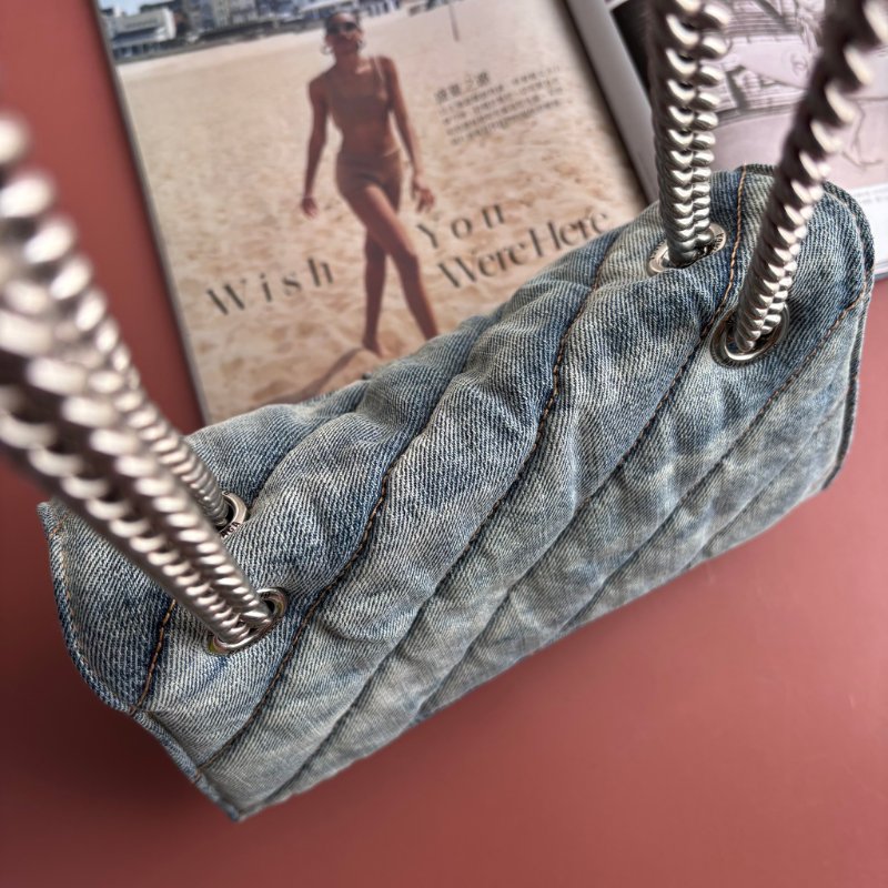 ::BALENCIAGA:: 716351 小款沙漏包絎縫水洗單寧牛仔鏈條包 Crush Small Quilted Denim Shoulder Bag-4
