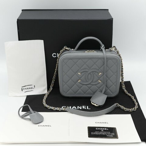 Chanel 香奈兒 Vanity Case 荔枝牛皮 霧霾灰 淺灰色 手提包 相機包 鏈條包 斜挎包