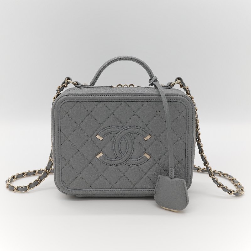 Chanel 香奈兒 Vanity Case 荔枝牛皮 霧霾灰 淺灰色 手提包 相機包 鏈條包 斜挎包-1
