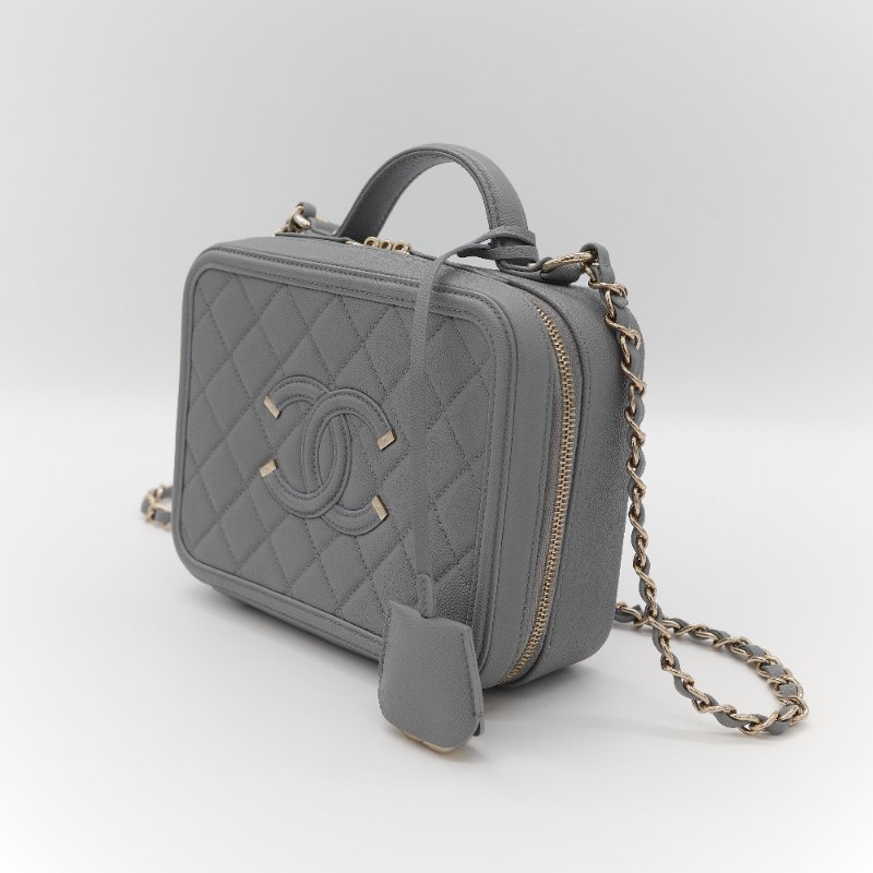Chanel 香奈兒 Vanity Case 荔枝牛皮 霧霾灰 淺灰色 手提包 相機包 鏈條包 斜挎包-3
