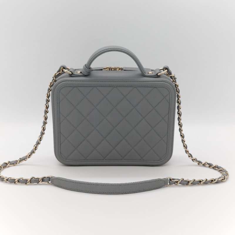 Chanel 香奈兒 Vanity Case 荔枝牛皮 霧霾灰 淺灰色 手提包 相機包 鏈條包 斜挎包-4