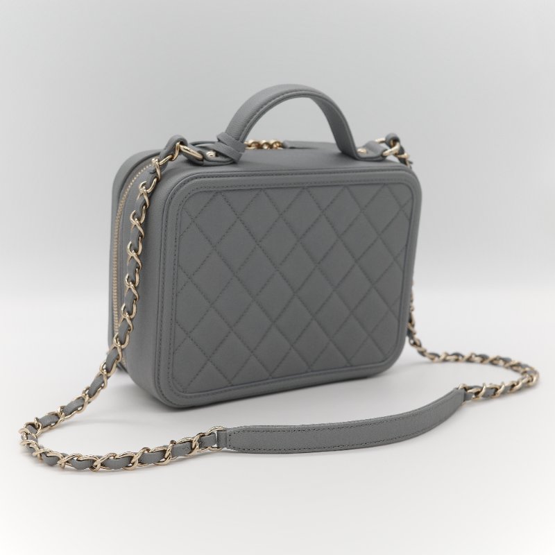 Chanel 香奈兒 Vanity Case 荔枝牛皮 霧霾灰 淺灰色 手提包 相機包 鏈條包 斜挎包-5