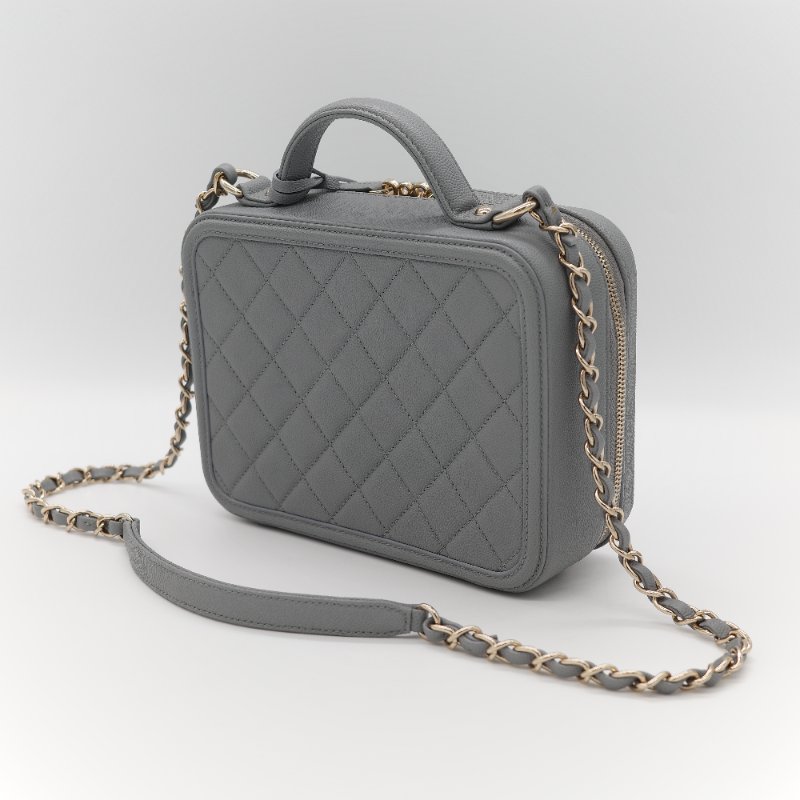Chanel 香奈兒 Vanity Case 荔枝牛皮 霧霾灰 淺灰色 手提包 相機包 鏈條包 斜挎包-6