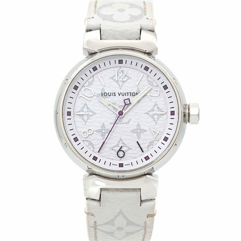 路易威登 Tambour MM Monogram 白色 QA116 女士石英腕錶