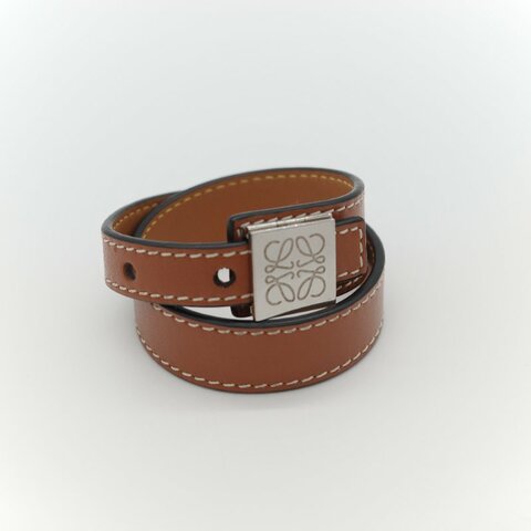 Loewe 羅威  Slap bracelet 對比色縫線銀色 金屬扣 牛皮製 拍拍手環